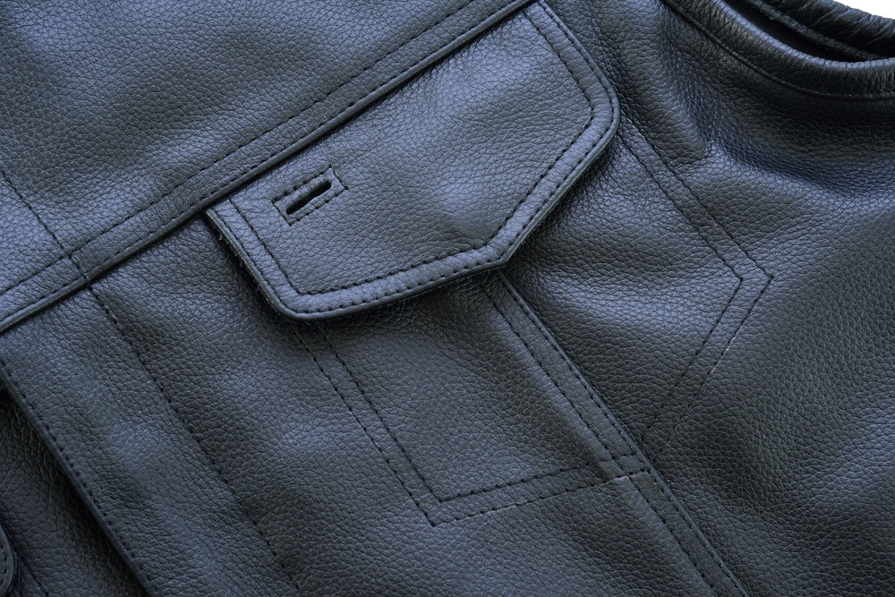 Men's AM Black Cowhide Leather Motorcycle Vest