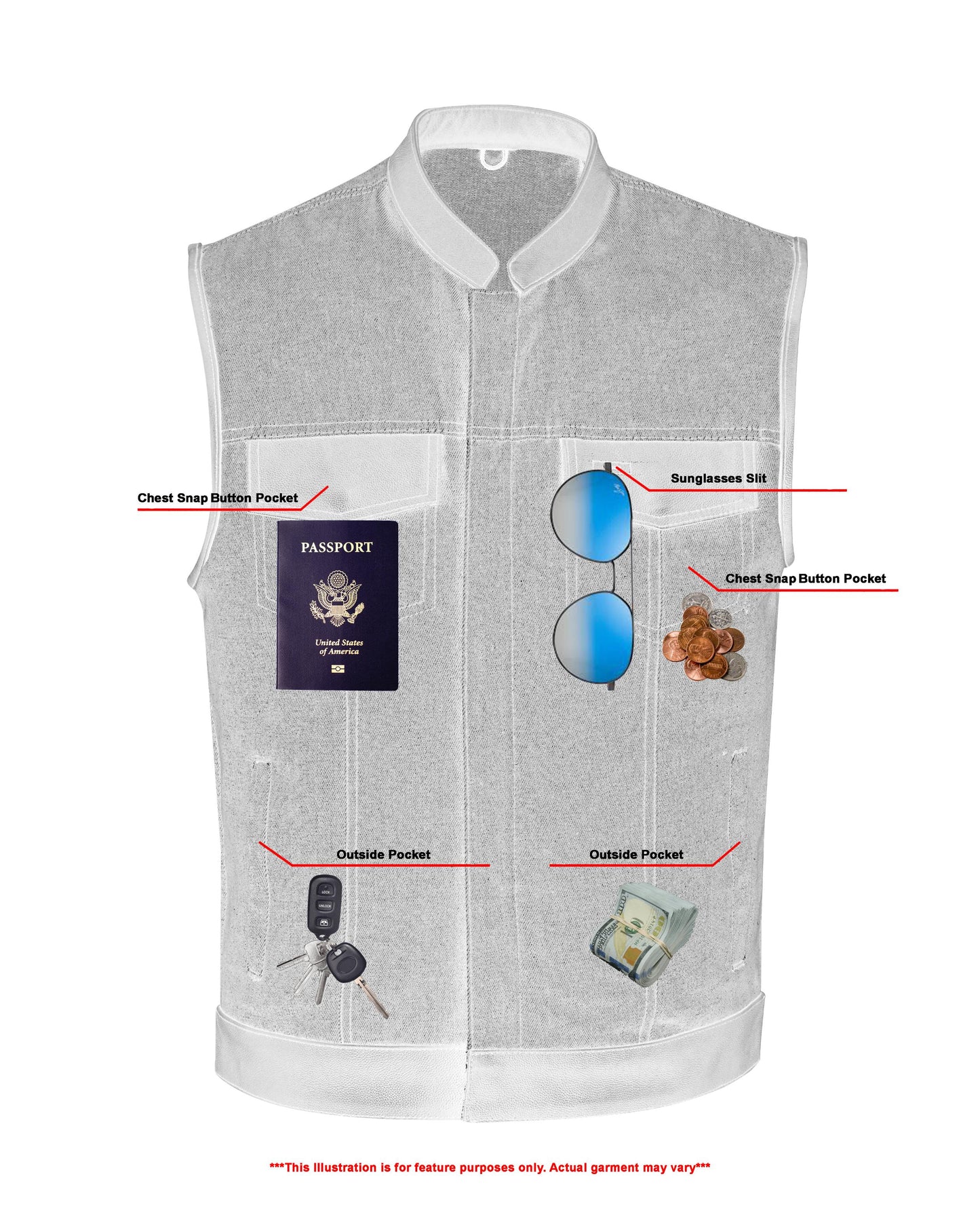 DM Men's Upgraded Broken Blue Denim Motorcycle Vest w/Leather Trimming