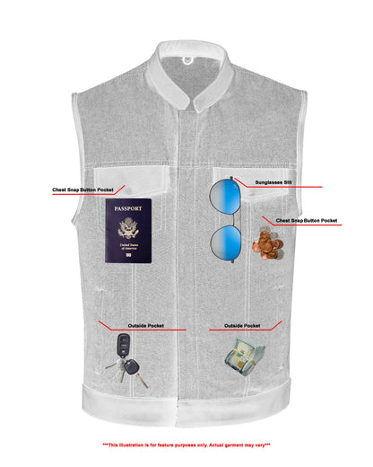 DM Men's Upgraded Broken Blue Denim Motorcycle Vest w/Leather Trimming