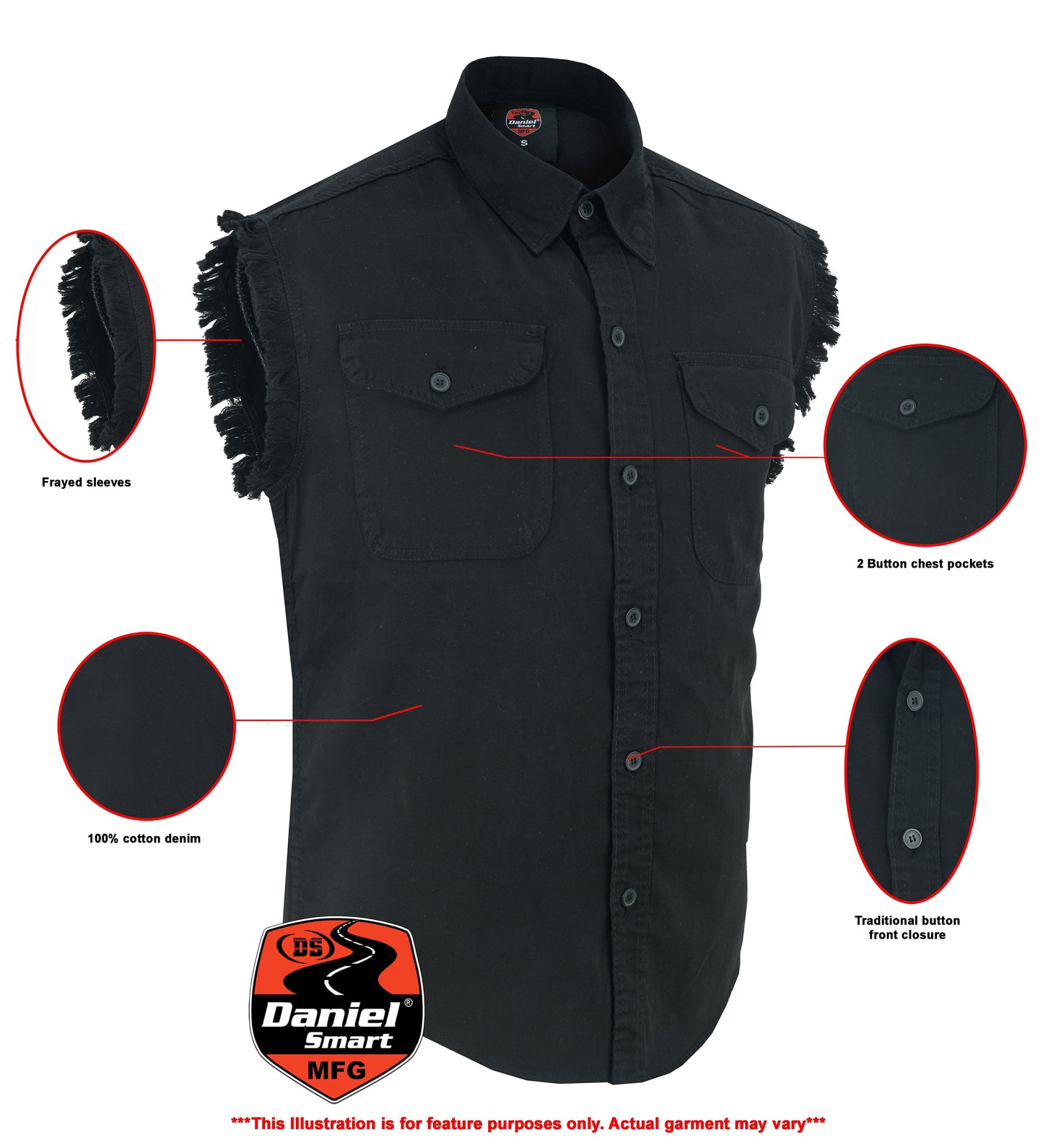 DM Men's Black Lightweight Sleeveless Denim Shirt