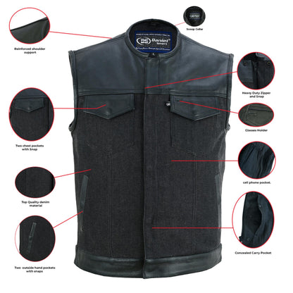 DM Men's Leather-Denim Combo Motorcycle  Vest - No Collar