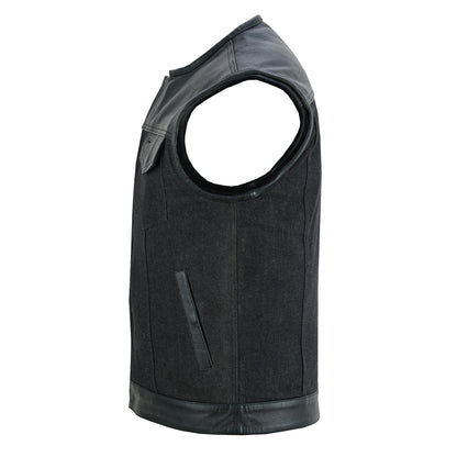 DM Men's Leather-Denim Combo Motorcycle  Vest - No Collar