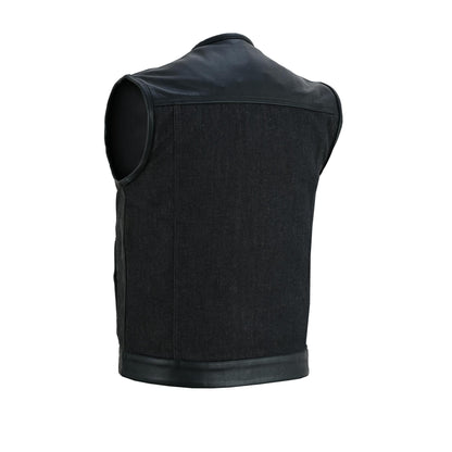 DM Men's Leather-Denim Combo Motorcycle  Vest - No Collar