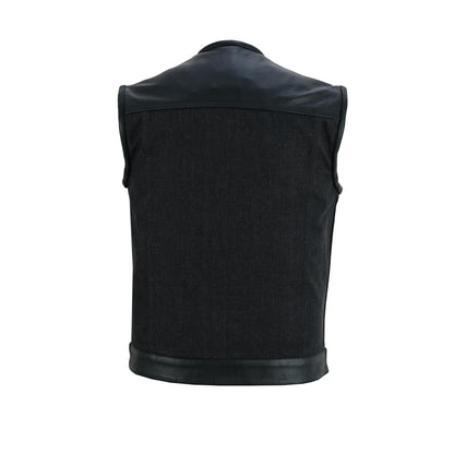 DM Men's Leather-Denim Combo Motorcycle  Vest - No Collar