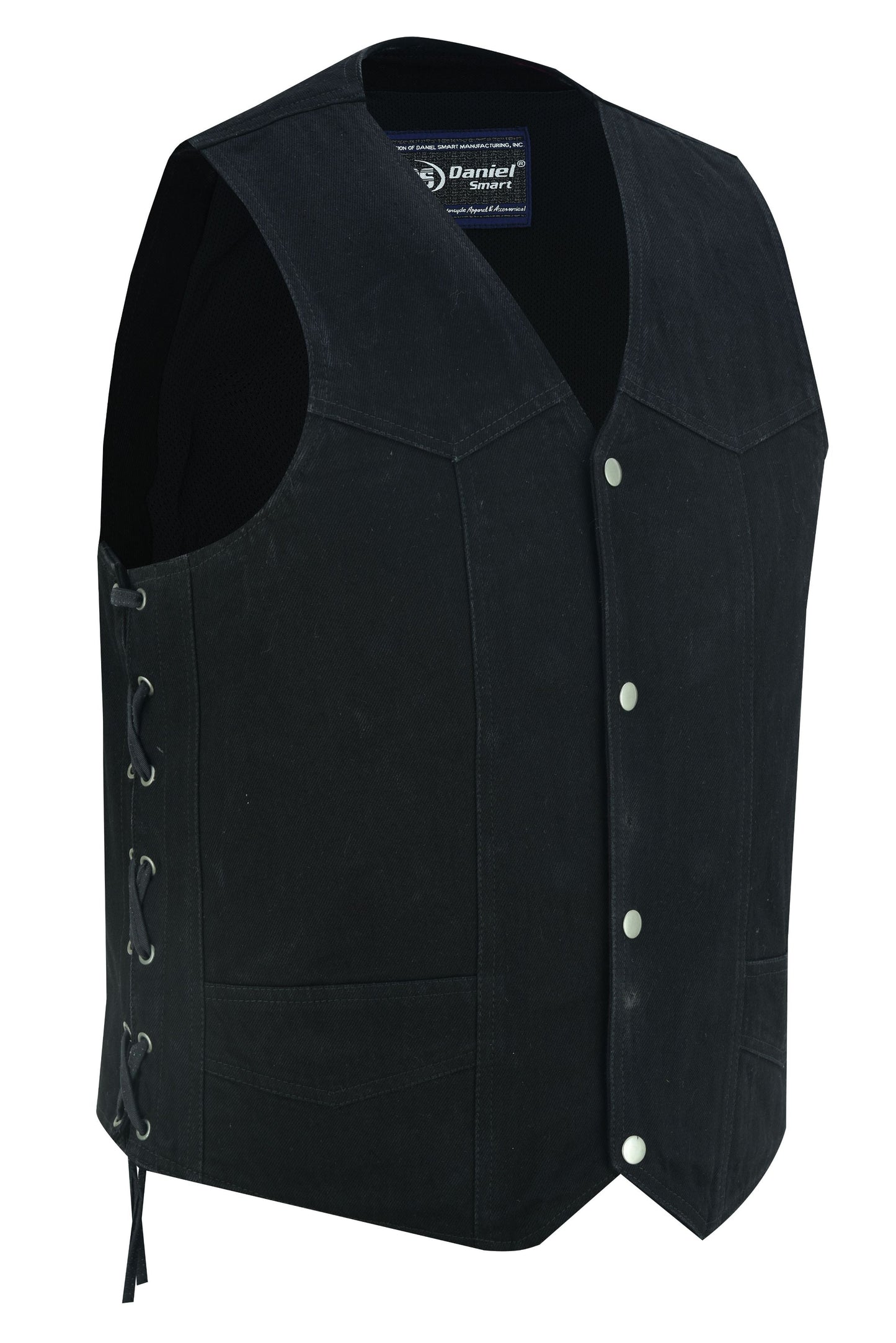DM Men's Traditional Denim Motorcycle Vest with Side Laces – Smart Access Pockets