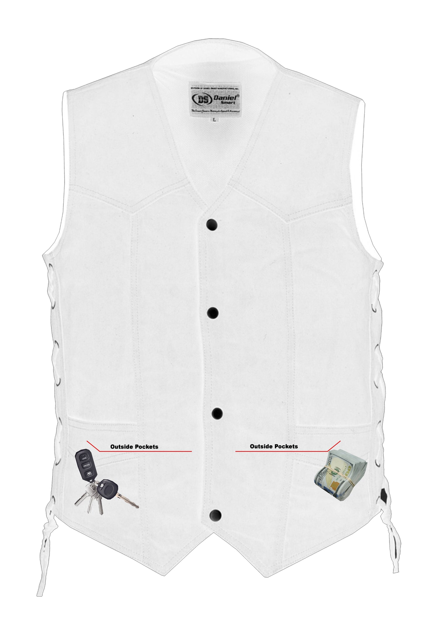DM Men's Traditional Denim Motorcycle Vest with Side Laces – Smart Access Pockets