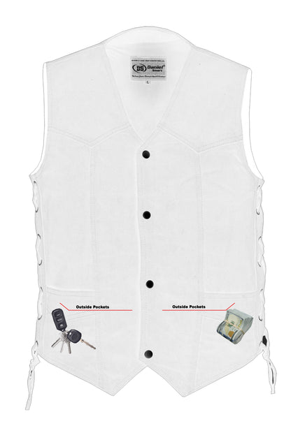 DM Men's Traditional Denim Motorcycle Vest with Side Laces – Smart Access Pockets