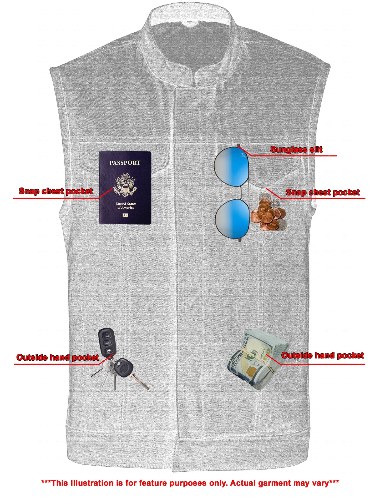 DM Men's Blue Rough Rub-Off Raw Finish Denim Vest
