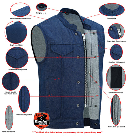 DM Men's Blue Rough Rub-Off Raw Finish Denim Vest