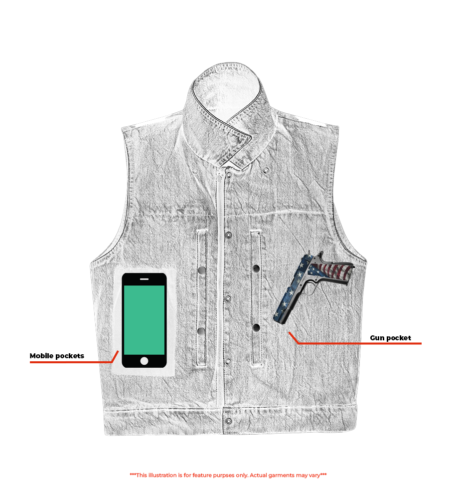 DM Blue Men's  denim motorcycle vest with Snap/Zipper Front