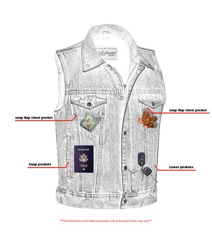 DM Blue Men's  denim motorcycle vest with Snap/Zipper Front