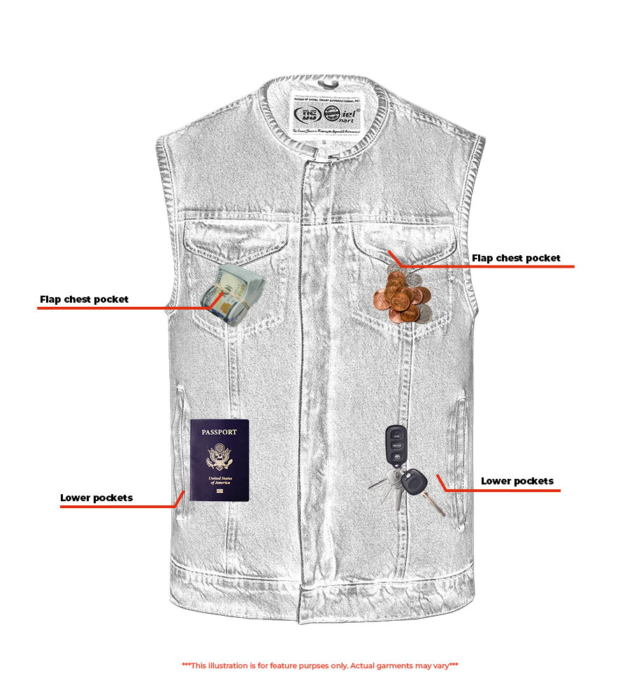 DM Mens Blue Denim Motorcycle Vest with Concealed Snaps & Zipper