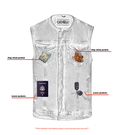 DM Mens Blue Denim Motorcycle Vest with Concealed Snaps & Zipper