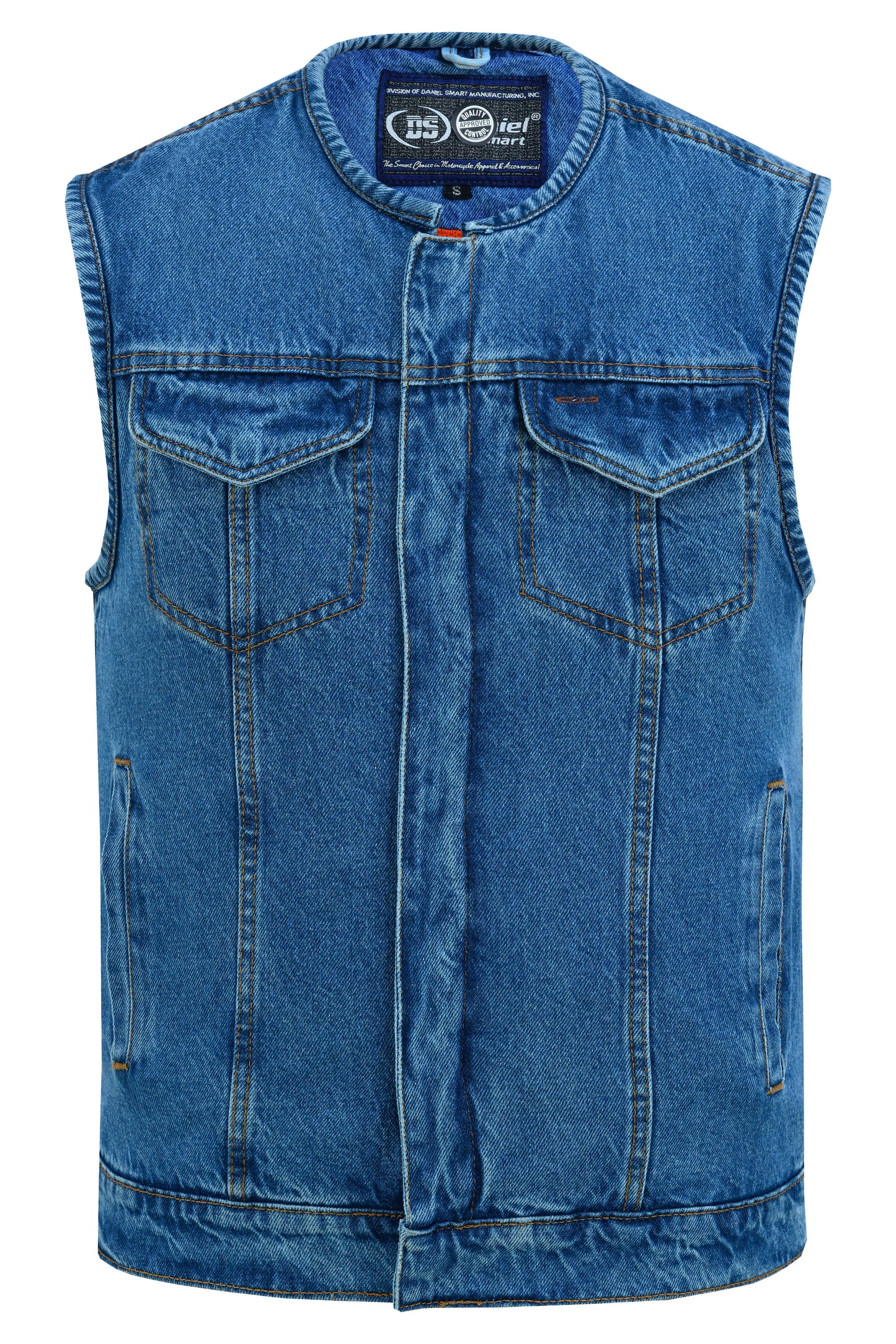 DM Mens Blue Denim Motorcycle Vest with Concealed Snaps & Zipper