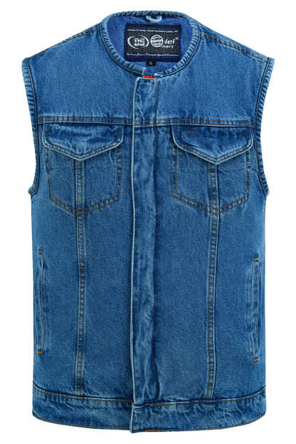 DM Mens Blue Denim Motorcycle Vest with Concealed Snaps & Zipper