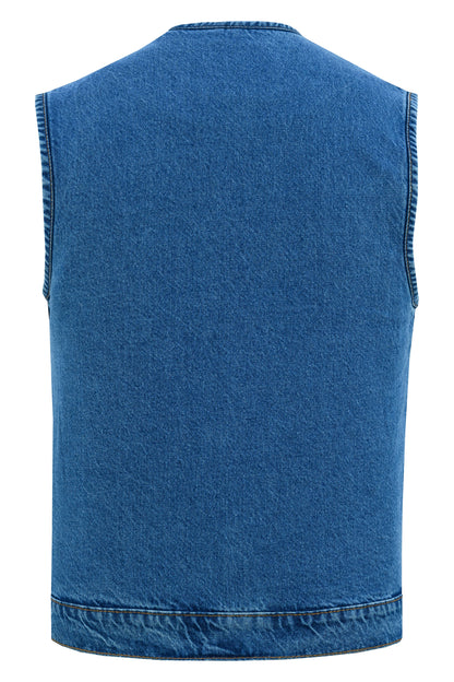 DM Mens Blue Denim Motorcycle Vest with Concealed Snaps & Zipper