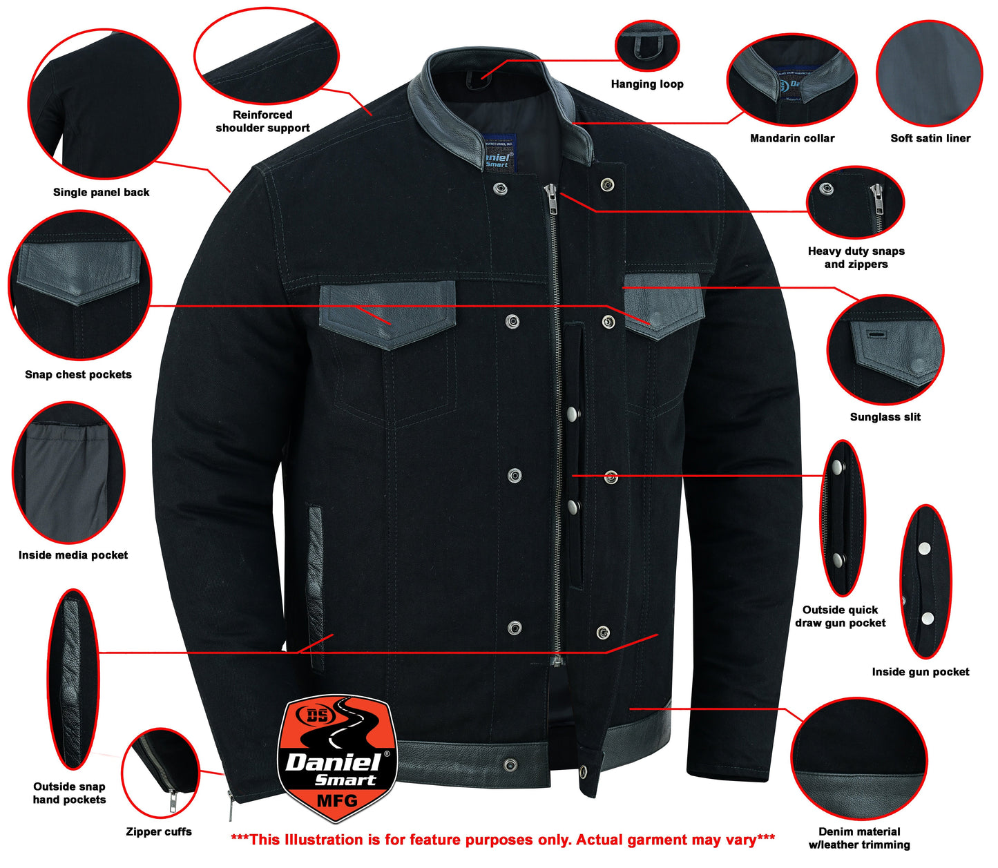 DM Men's Full Cut Denim Jacket – Leather Trim & Hidden Pockets