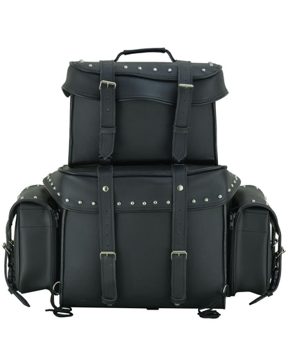 RC Leather Black PVC Large 4 Piece Motorcycle Touring Tail Bag wi
