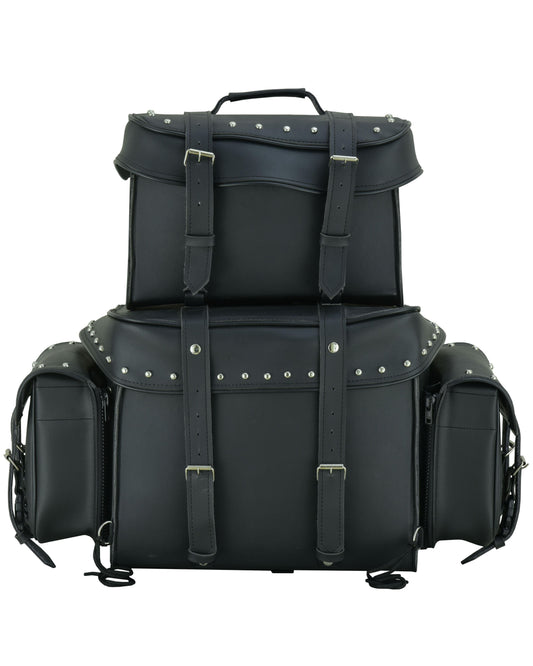 RC Leather Black PVC Large 4 Piece Motorcycle Touring Tail Bag wi