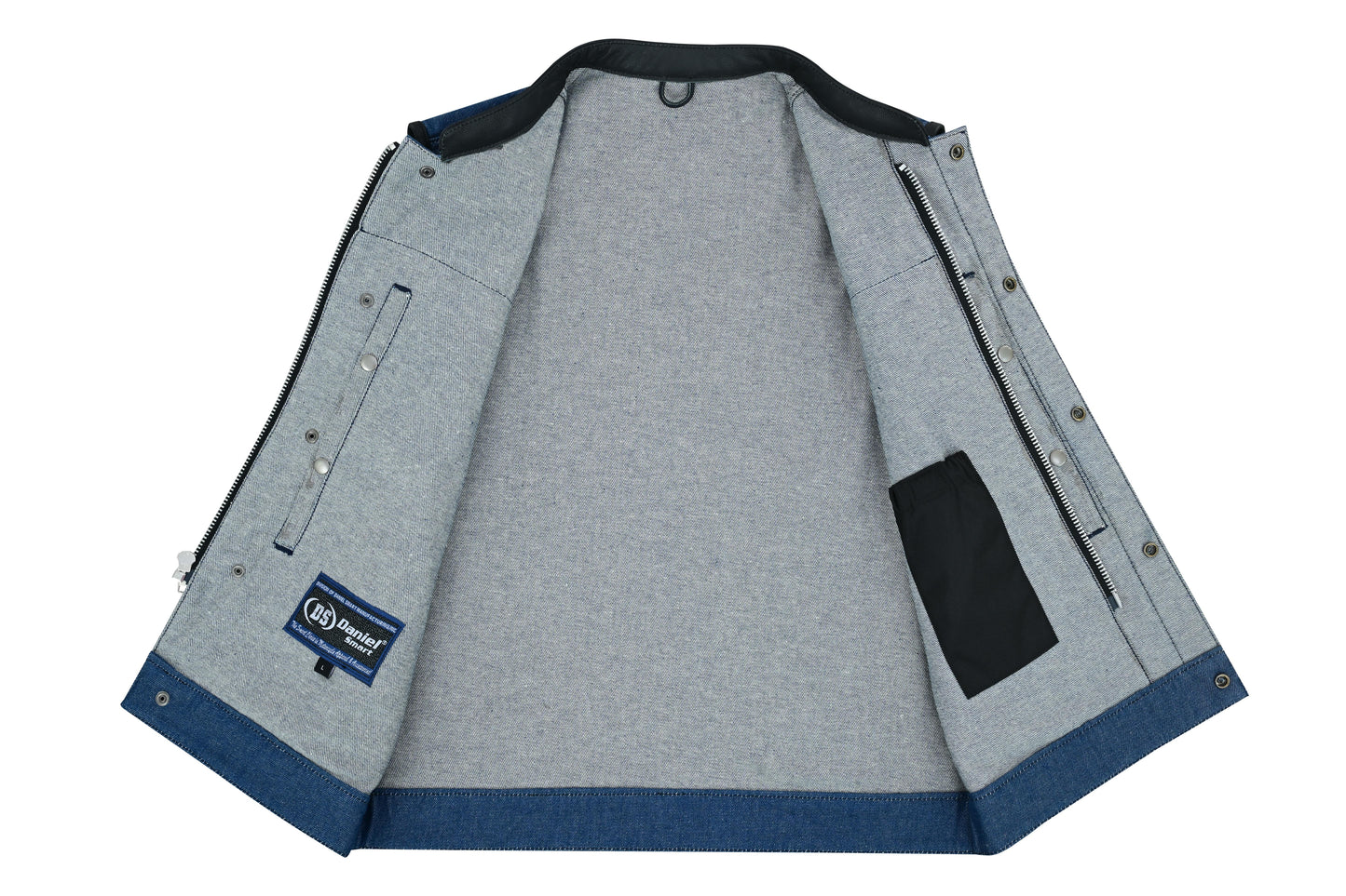 DM Men's Upgraded Broken Blue Denim Motorcycle Vest w/Leather Trimming