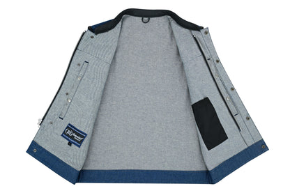 DM Men's Upgraded Broken Blue Denim Motorcycle Vest w/Leather Trimming