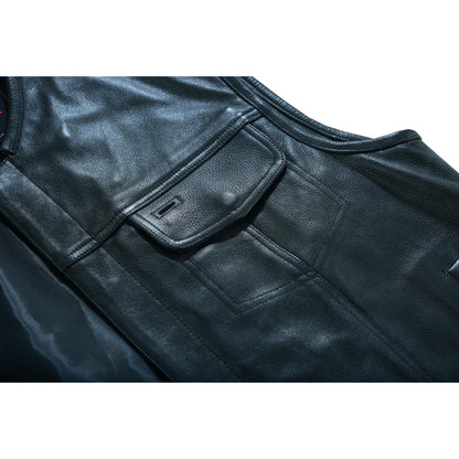 RC Men's Titan Black Leather Vest -  Milled Cowhide, Hidden Zipper