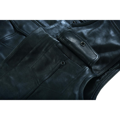 RC Men's Titan Black Leather Vest -  Milled Cowhide, Hidden Zipper