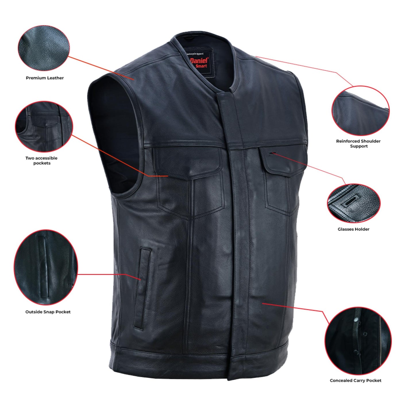 RC Men's Titan Black Leather Vest -  Milled Cowhide, Hidden Zipper