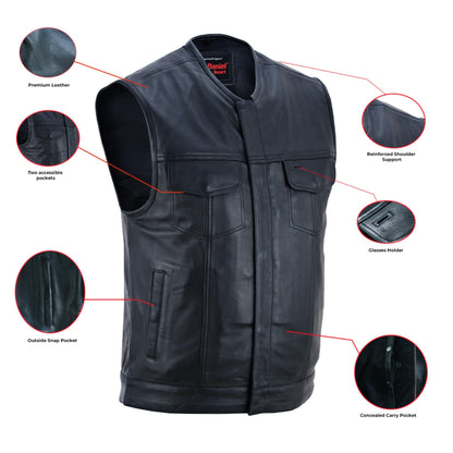 RC Men's Titan Black Leather Vest -  Milled Cowhide, Hidden Zipper