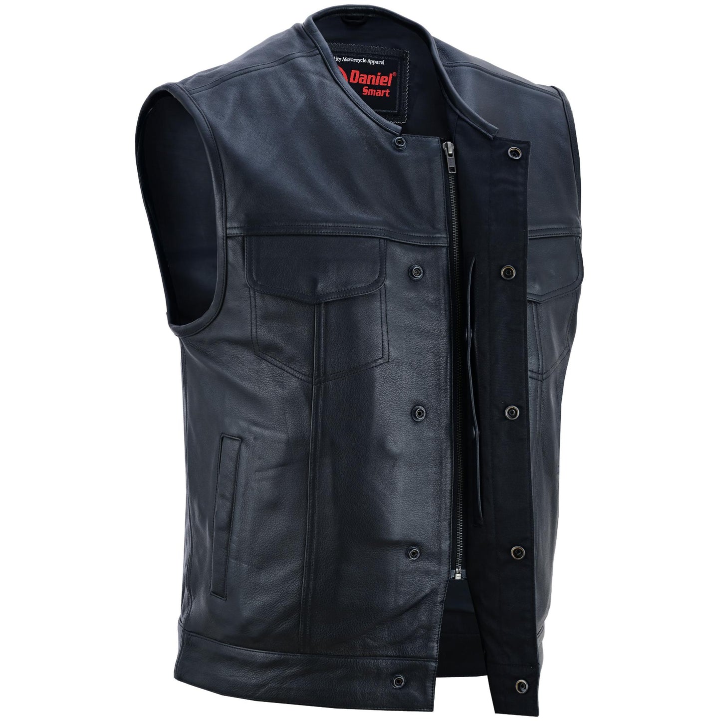 RC Men's Titan Black Leather Vest -  Milled Cowhide, Hidden Zipper