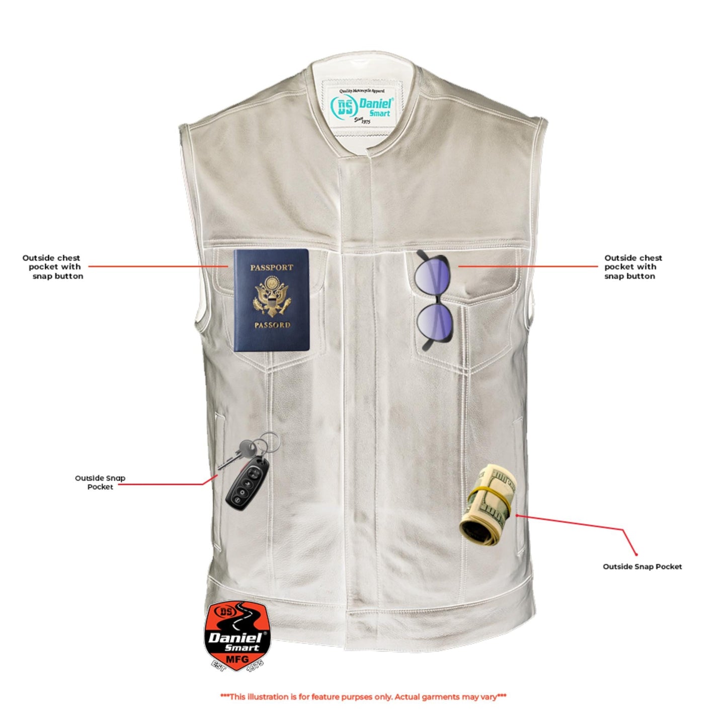 RC Men's Titan Black Leather Vest -  Milled Cowhide, Hidden Zipper