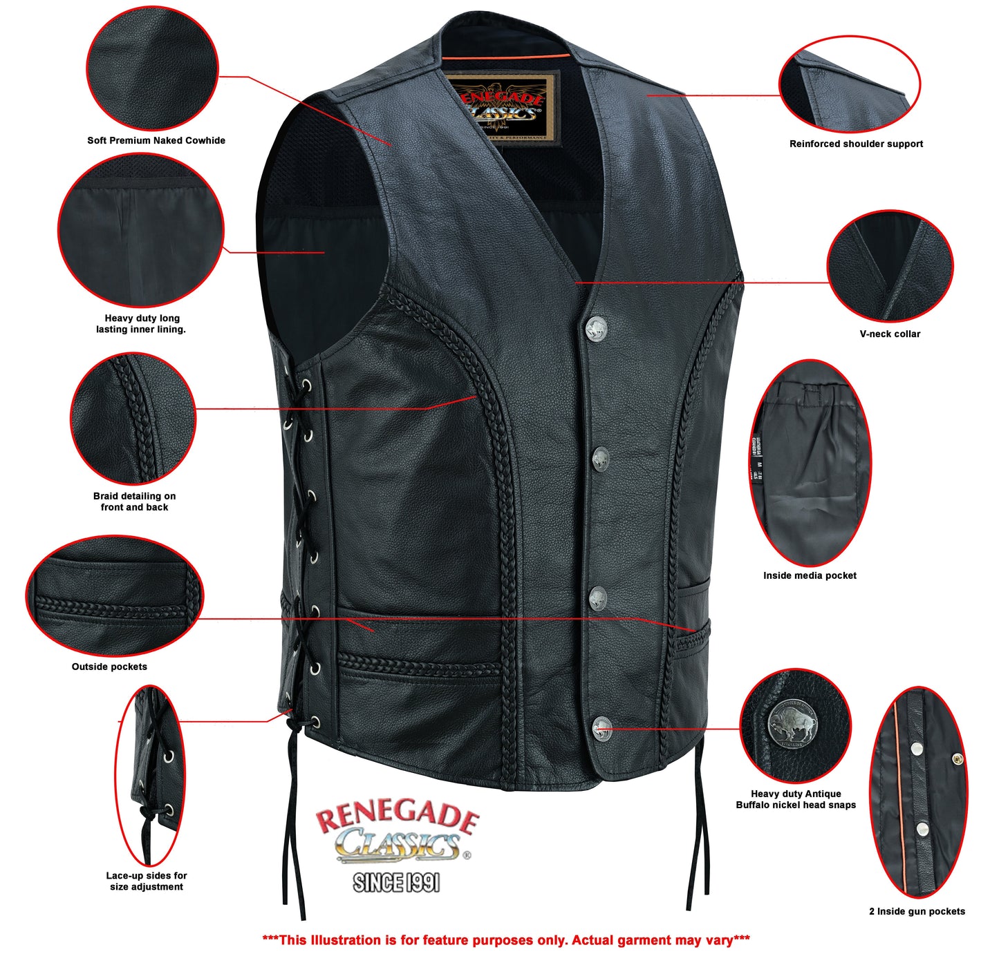 Charlie Men's Black Braided Leather Motorcycle Vest & Lace-Up Sides