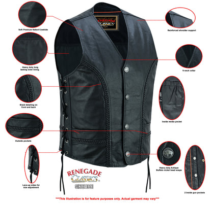 Charlie Men's Black Braided Leather Motorcycle Vest & Lace-Up Sides