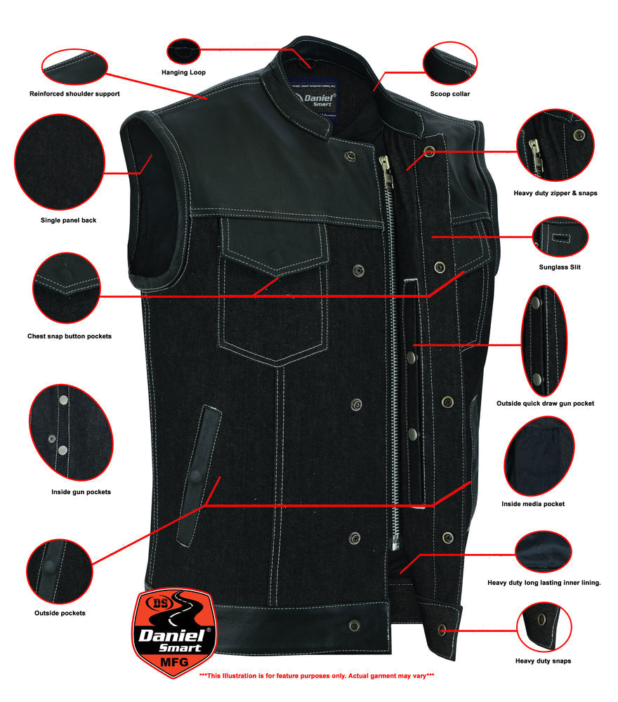 DM Men's Leather-Denim Combo Motorcycle Vest w/ Scoop Collar
