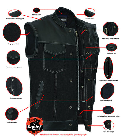 DM Men's Leather-Denim Combo Motorcycle Vest w/ Scoop Collar