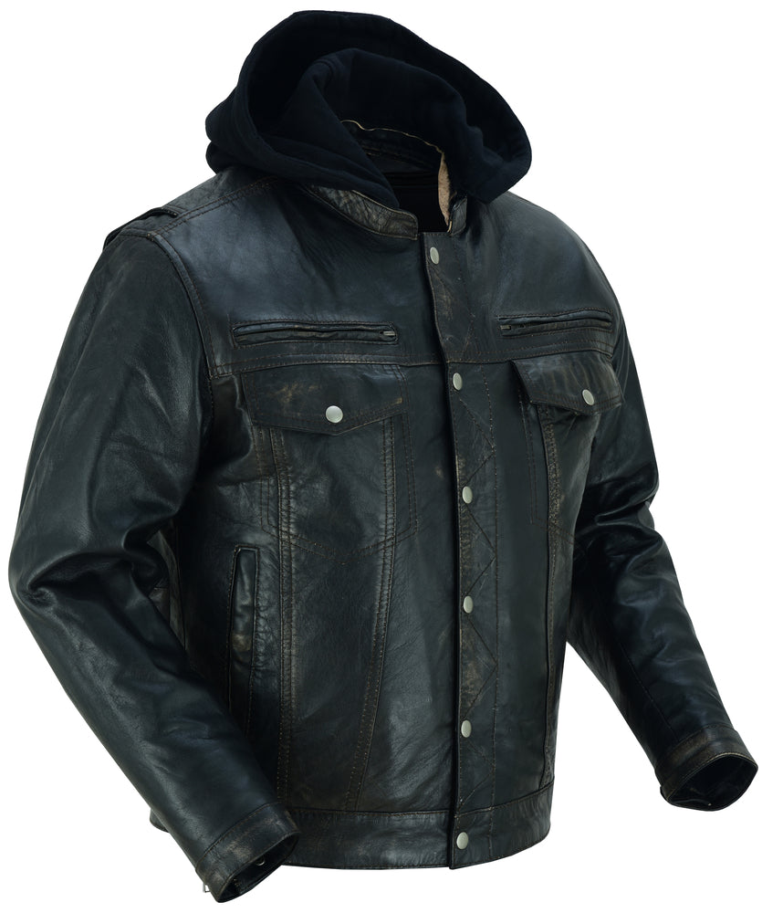 RC Men's Black Lightweight Drum Dyed  Distressed Lambskin Jacket with Removable Hoodie