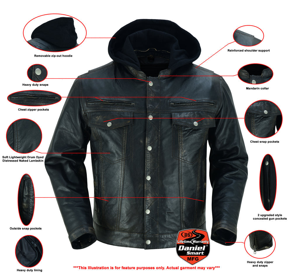 RC Men's Black Lightweight Drum Dyed  Distressed Lambskin Jacket with Removable Hoodie