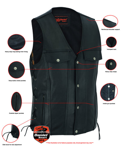 RC Men's Black Leather Vest with Side Laces and Smart Access Pockets