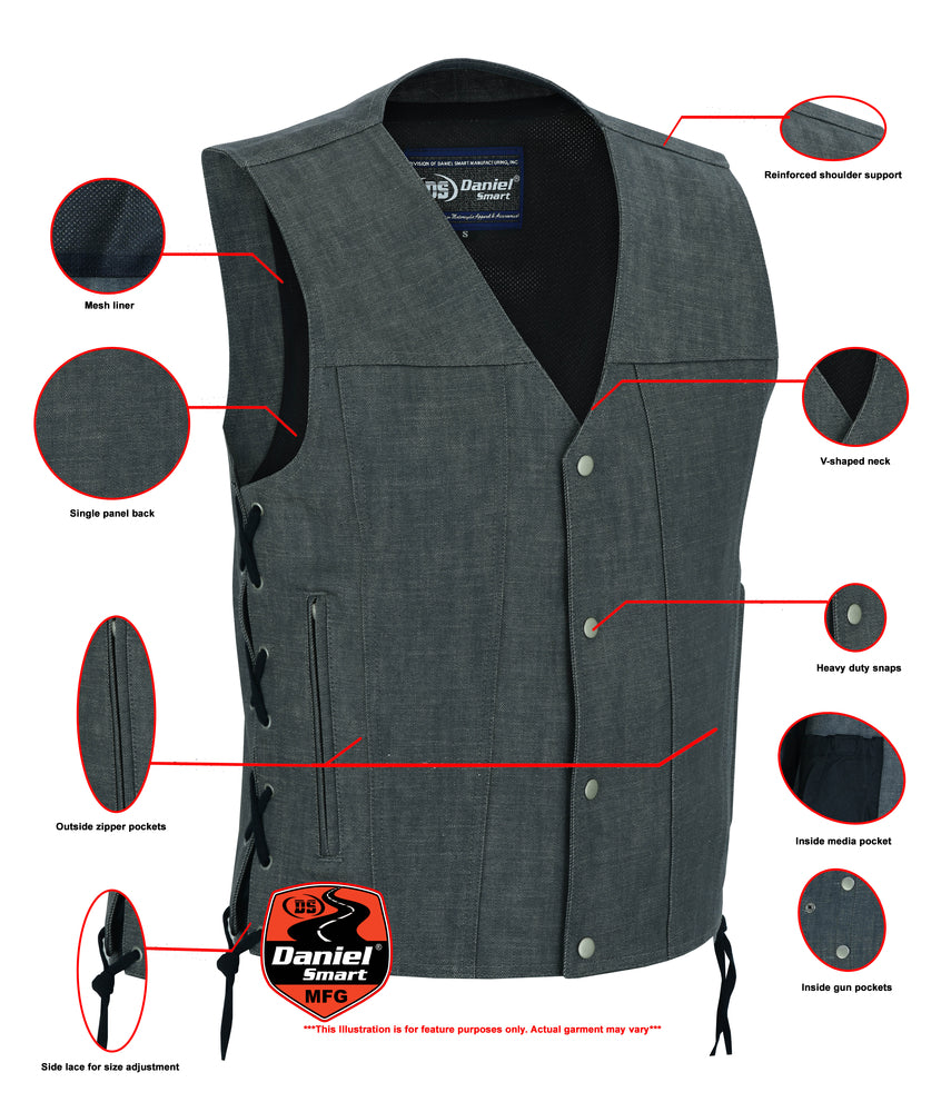 DM Men's Rough Rub-Off Raw Finish Broken Gray Denim Vest