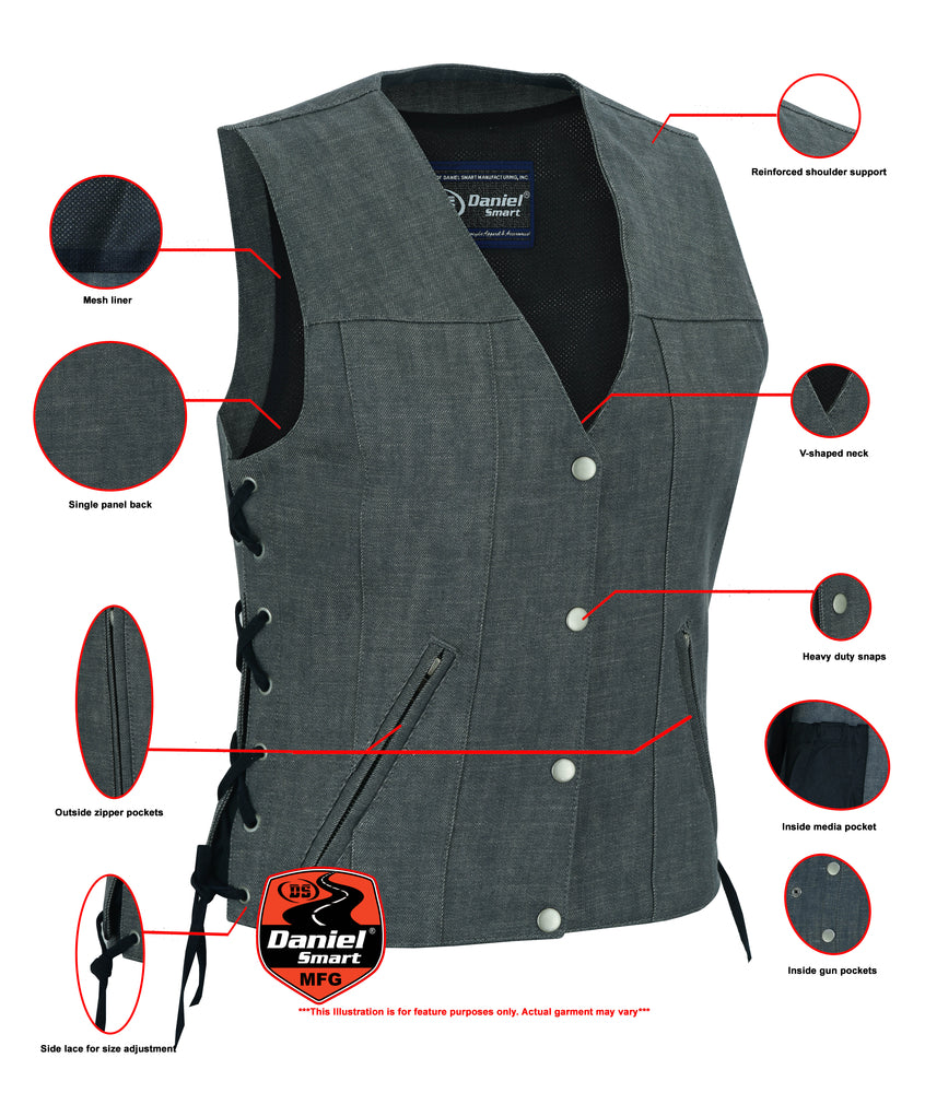 DM Women's Rough Rub-Off Raw Finish Broken Gray Denim Vest