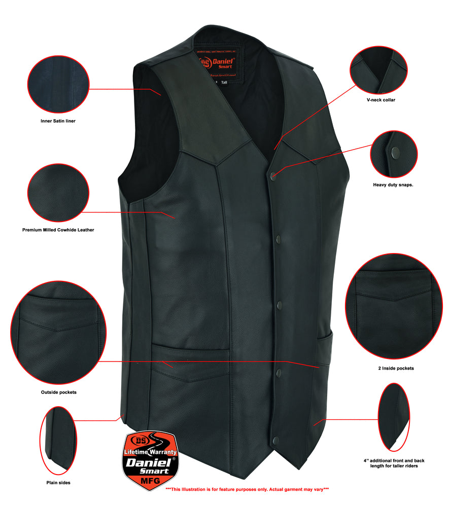 RC Men's Tall Classic Motorcycle Leather Vest - Black
