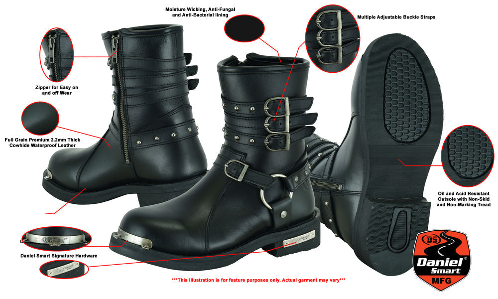 RC Women's 9 Inch Black Triple Buckle Leather Harness Boot