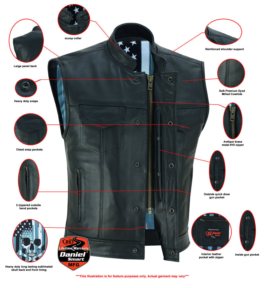 RC Private Men's Black Leather Motorcycle Vest