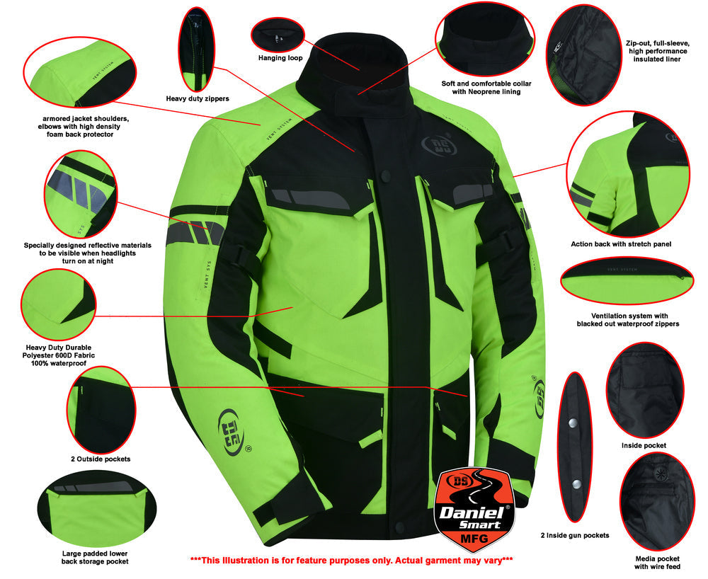 RC 4-Season Hi-Vis Mens Textile Motorycyle Jacket  Waterproof & Ventilated