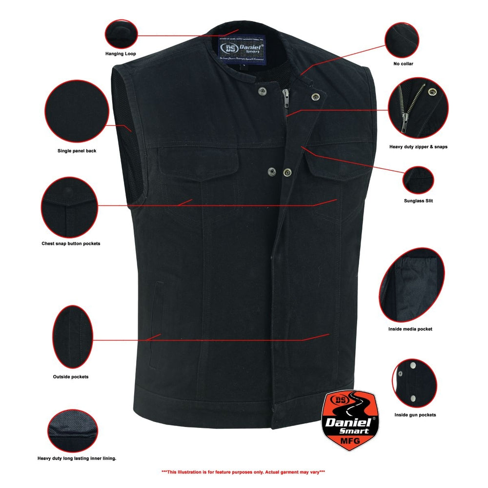 DM Mens Black Denim Motorcycle Vest with Concealed Snaps & Zipper