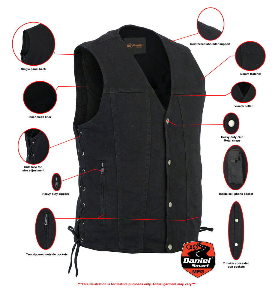 DM Men's Black Denim Motorcycle Vest – Single Panel Back