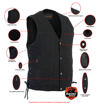 DM Men's Black Denim Motorcycle Vest – Single Panel Back