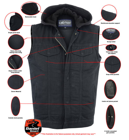 DM Men's Black Denim Single Back Panel Concealment Vest w/Rem