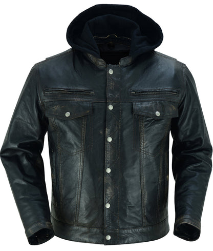 RC Men's Black Lightweight Drum Dyed  Distressed Lambskin Jacket with Removable Hoodie