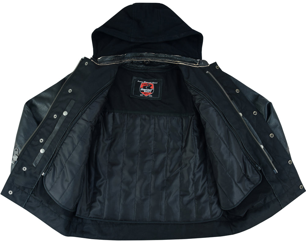RC Men's Black Lightweight Drum Dyed  Distressed Lambskin Jacket with Removable Hoodie
